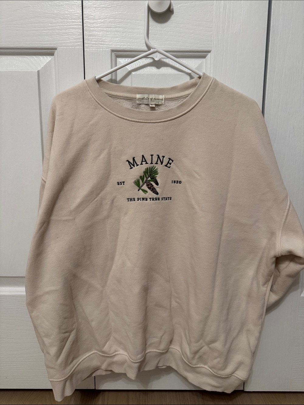 State of Mind Cream Crewneck Sweatshirt with Maine Pine Embroidery